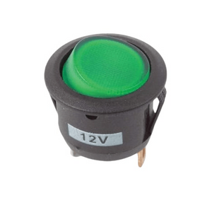 12v Rocker Switch Round Black With Green Led 3 Pin
