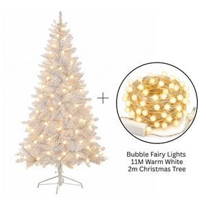 2M White Christmas Tree & 11M Bubble Fairy Lights Bundle