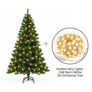 2M Green Christmas Tree & 11M Bubble Fairy Lights Bundle