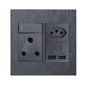 4x4 Single 3 Pin + 2 Pin Wall Plug + 2 USB Black S6-211