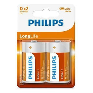 PHILIPS LONGLIFE ZINC D BATTERIES 1.5V 2 PACK -  Clearance Sale